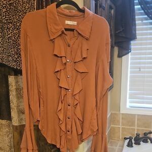 Free People Rust Ruffle Button-Up Blouse